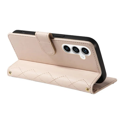 For Samsung Galaxy S23 FE Case Wallet Rhombus Leather Phone Cover with Shoulder Strap, Wrist Strap