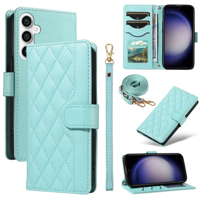 For Samsung Galaxy S23 FE Case Wallet Rhombus Leather Phone Cover with Shoulder Strap, Wrist Strap