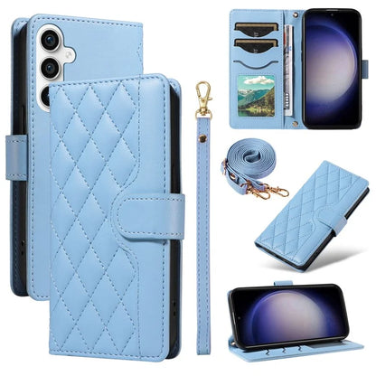 For Samsung Galaxy S23 FE Case Wallet Rhombus Leather Phone Cover with Shoulder Strap, Wrist Strap