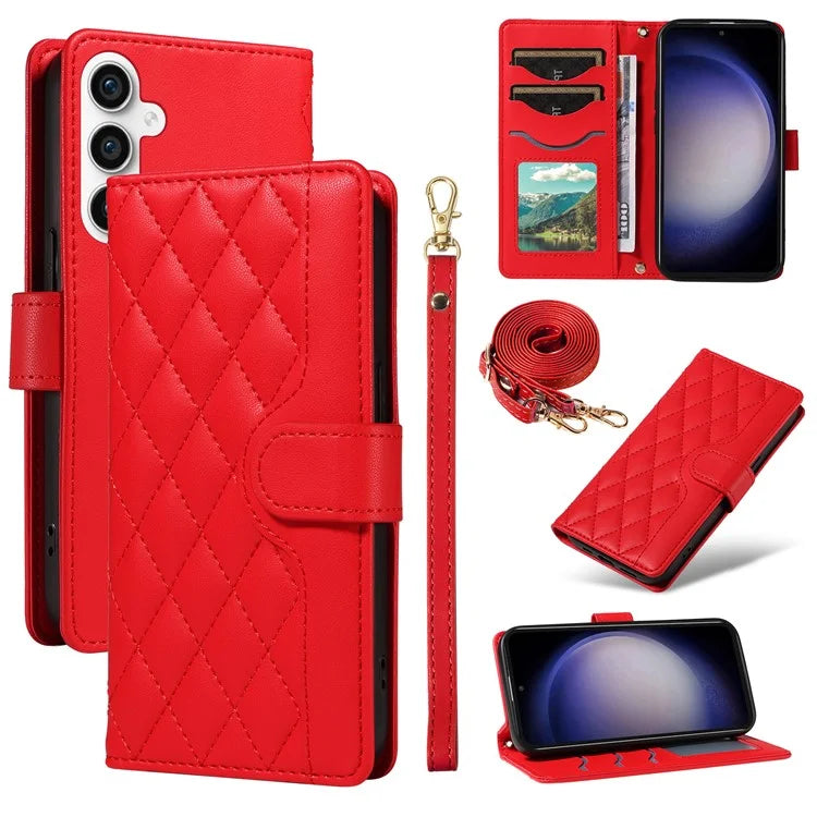 For Samsung Galaxy S23 FE Case Wallet Rhombus Leather Phone Cover with Shoulder Strap, Wrist Strap