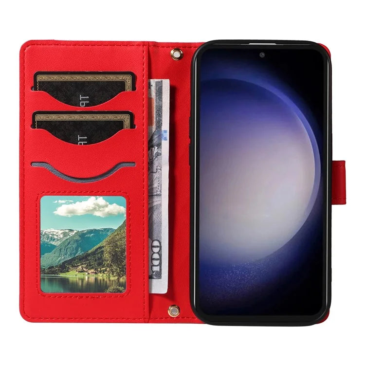 For Samsung Galaxy S23 FE Case Wallet Rhombus Leather Phone Cover with Shoulder Strap, Wrist Strap