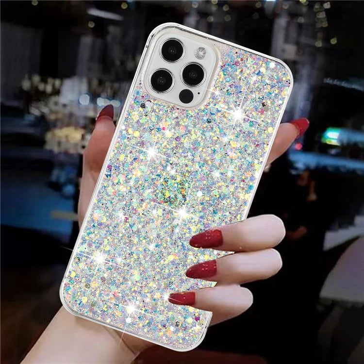 For iPhone 16 Pro Case TPU Drop Protection Epoxy Glittery Sequins Phone Cover