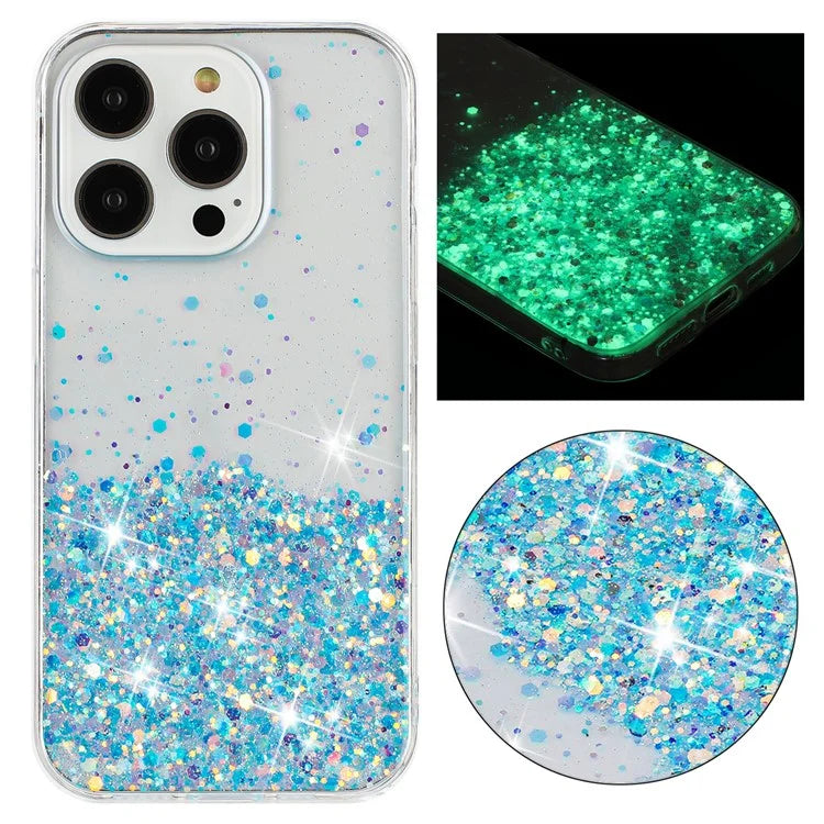 For iPhone 16 Pro Max Case Sparkle Sequins Luminous Epoxy TPU Phone Cover