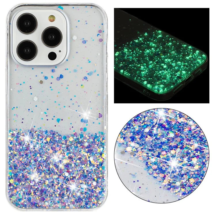 For iPhone 16 Pro Max Case Sparkle Sequins Luminous Epoxy TPU Phone Cover