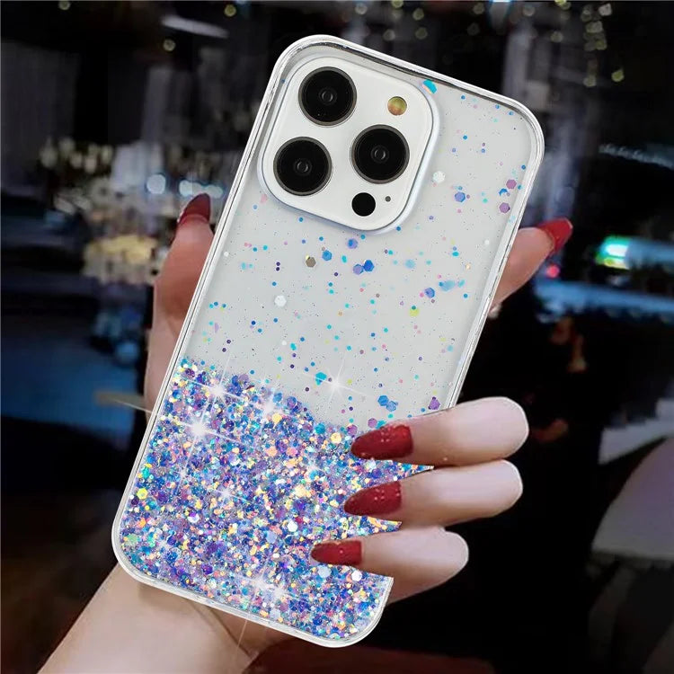 For iPhone 16 Pro Max Case Sparkle Sequins Luminous Epoxy TPU Phone Cover