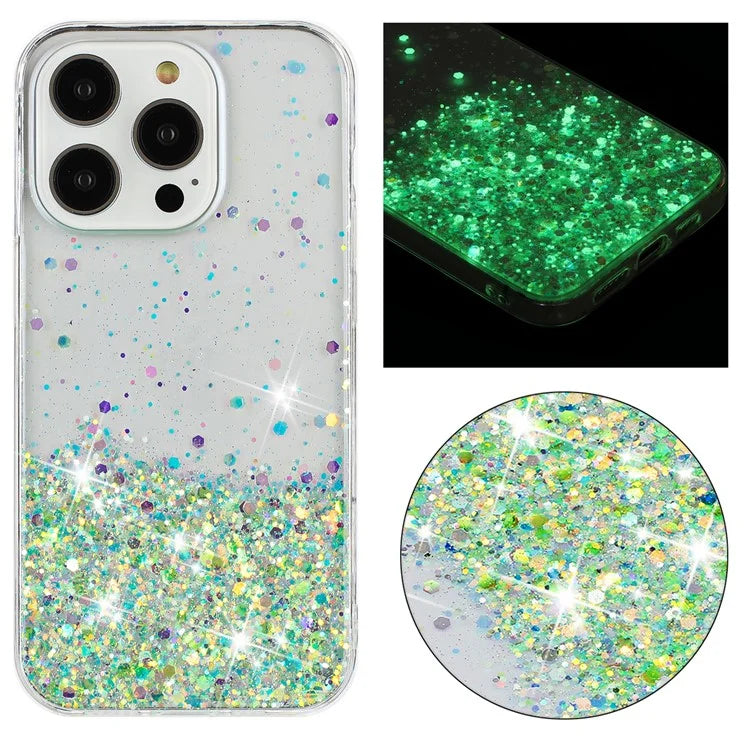 For iPhone 16 Pro Max Case Sparkle Sequins Luminous Epoxy TPU Phone Cover