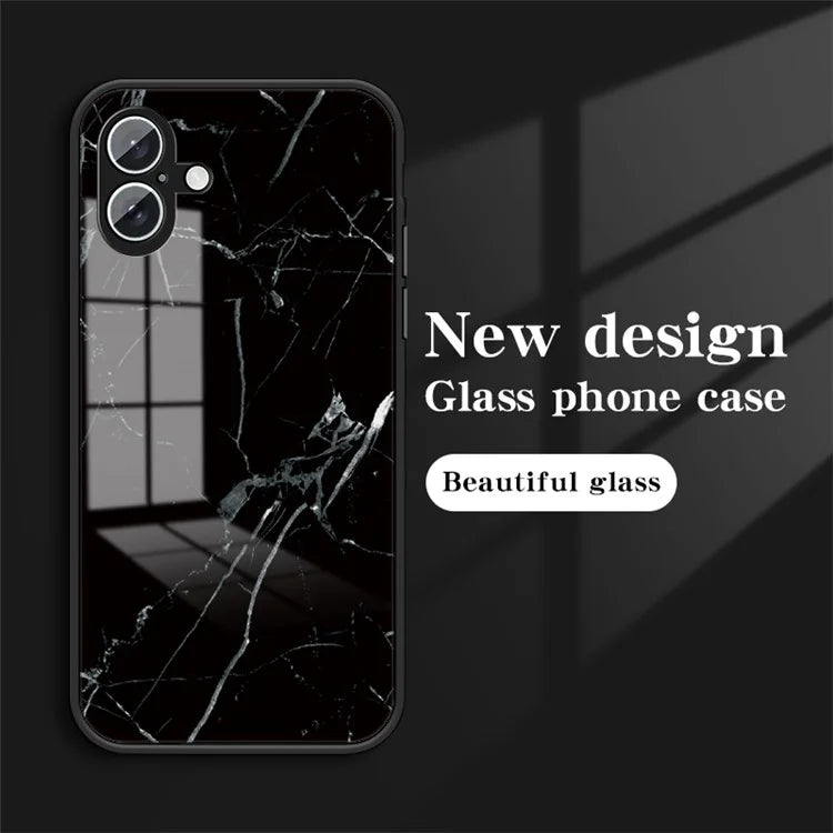 For iPhone 16 Plus Case Marble Pattern Tempered Glass+PC+TPU Protective Phone Cover