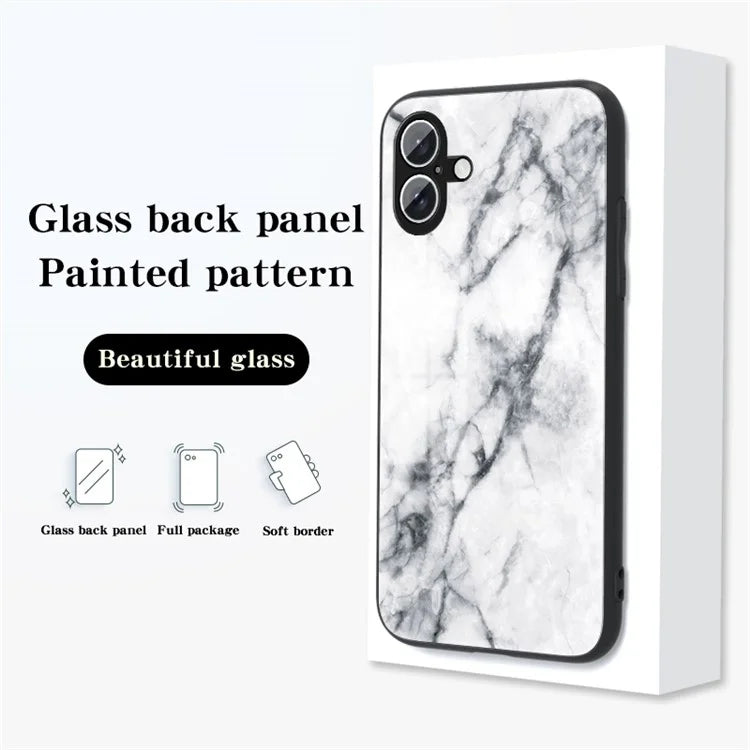 For iPhone 16 Plus Case Marble Pattern Tempered Glass+PC+TPU Protective Phone Cover