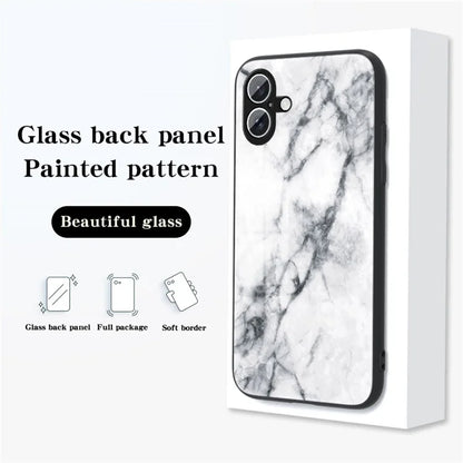 For iPhone 16 Plus Case Marble Pattern Tempered Glass+PC+TPU Protective Phone Cover