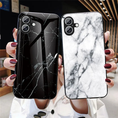 For iPhone 16 Plus Case Marble Pattern Tempered Glass+PC+TPU Protective Phone Cover