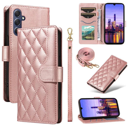 For Samsung Galaxy A16 5G Case Wallet Rhombus Leather Phone Cover with Shoulder Strap, Wrist Strap