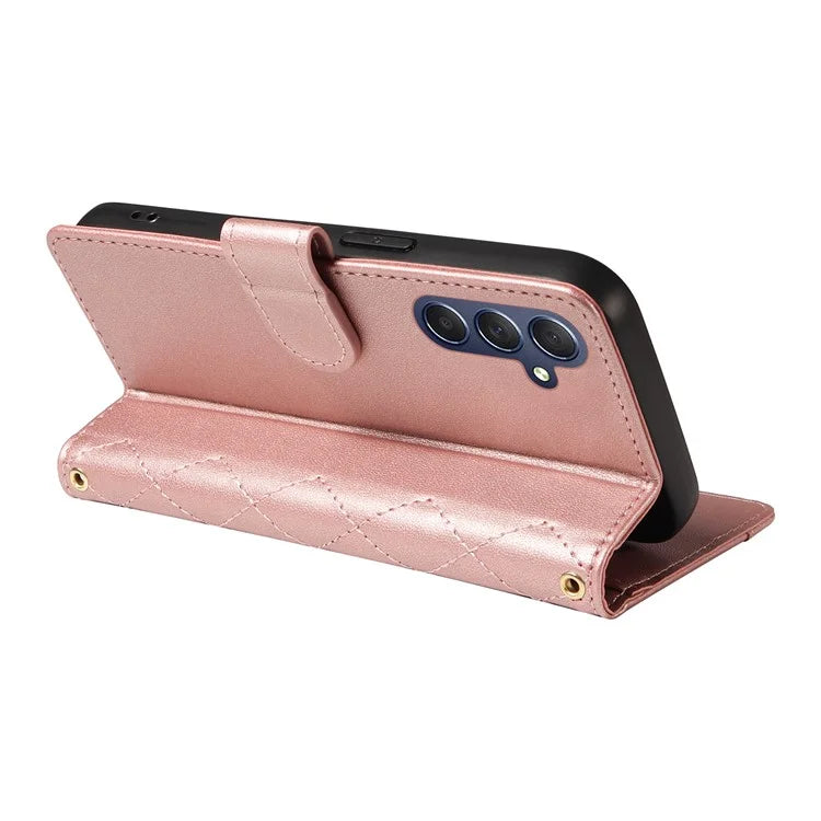 For Samsung Galaxy A16 5G Case Wallet Rhombus Leather Phone Cover with Shoulder Strap, Wrist Strap