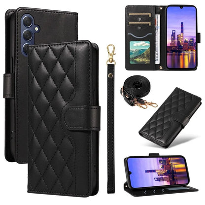 For Samsung Galaxy A16 5G Case Wallet Rhombus Leather Phone Cover with Shoulder Strap, Wrist Strap