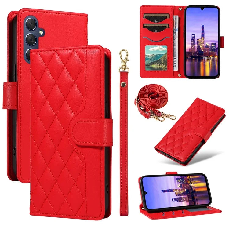 For Samsung Galaxy A16 5G Case Wallet Rhombus Leather Phone Cover with Shoulder Strap, Wrist Strap