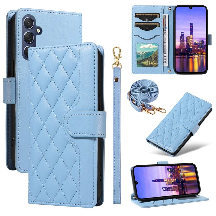 For Samsung Galaxy A16 5G Case Wallet Rhombus Leather Phone Cover with Shoulder Strap, Wrist Strap