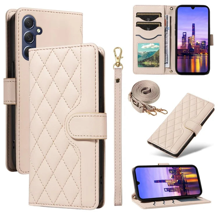 For Samsung Galaxy A16 5G Case Wallet Rhombus Leather Phone Cover with Shoulder Strap, Wrist Strap