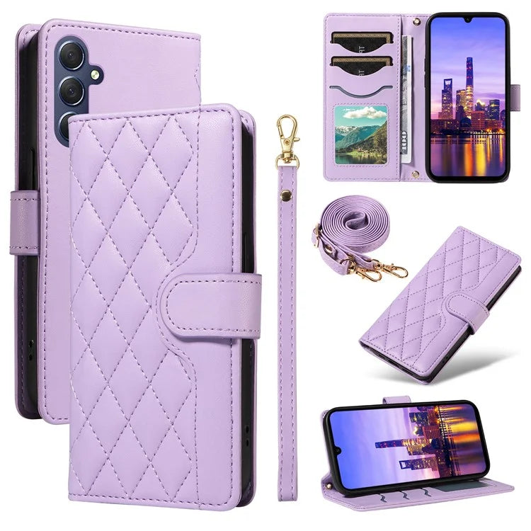 For Samsung Galaxy A16 5G Case Wallet Rhombus Leather Phone Cover with Shoulder Strap, Wrist Strap