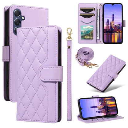 For Samsung Galaxy A16 5G Case Wallet Rhombus Leather Phone Cover with Shoulder Strap, Wrist Strap