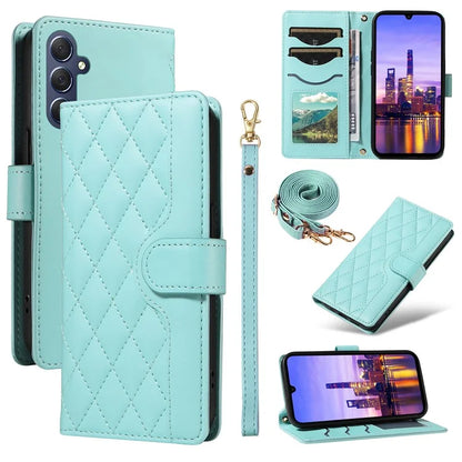 For Samsung Galaxy A16 5G Case Wallet Rhombus Leather Phone Cover with Shoulder Strap, Wrist Strap