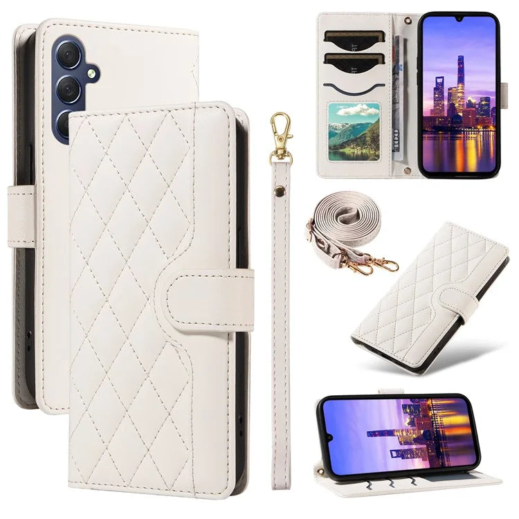 For Samsung Galaxy A16 5G Case Wallet Rhombus Leather Phone Cover with Shoulder Strap, Wrist Strap
