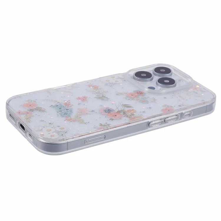 For iPhone 16 Pro Max Case Glitter Flower Epoxy Shockproof Phone Cover