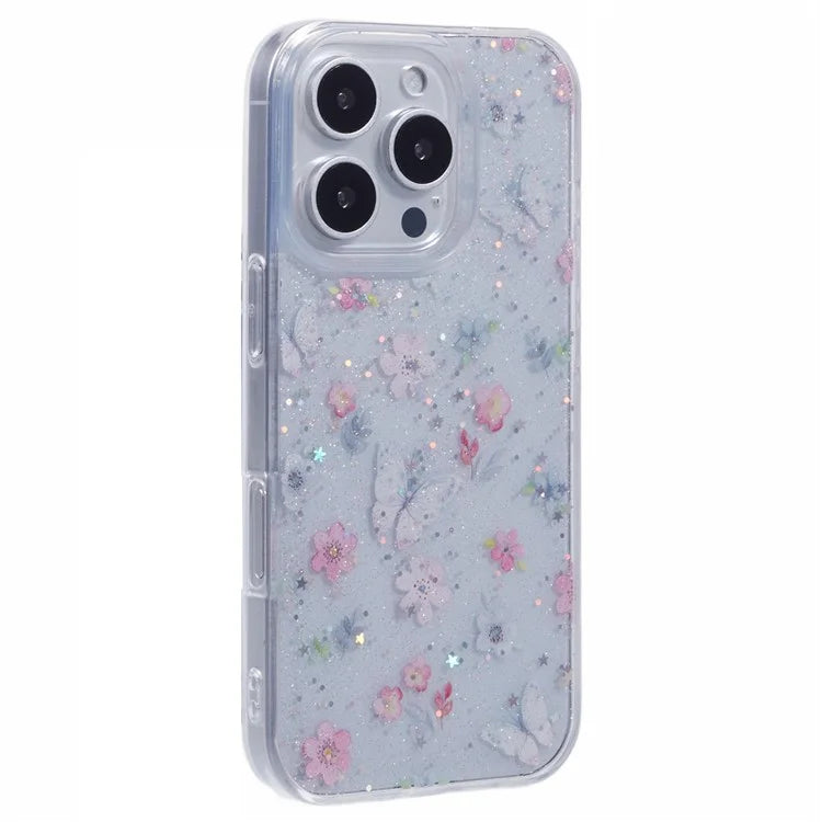 For iPhone 16 Pro Max Case Glitter Flower Epoxy Shockproof Phone Cover