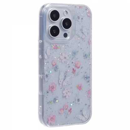 For iPhone 16 Pro Max Case Glitter Flower Epoxy Shockproof Phone Cover
