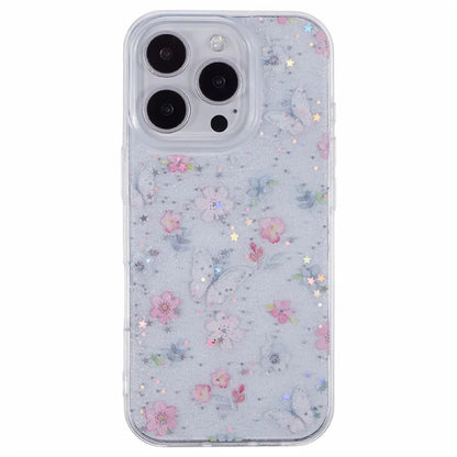 For iPhone 16 Pro Max Case Glitter Flower Epoxy Shockproof Phone Cover