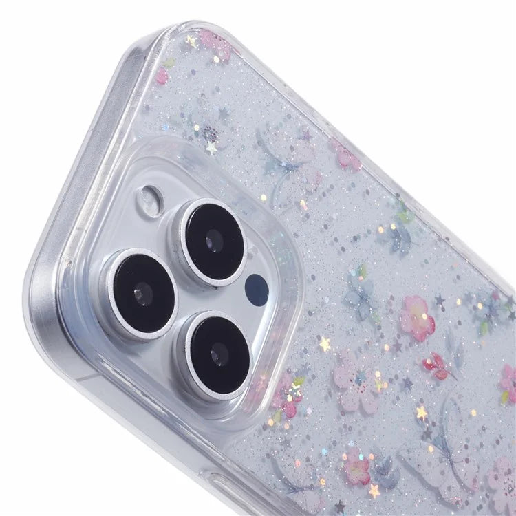 For iPhone 16 Pro Max Case Glitter Flower Epoxy Shockproof Phone Cover