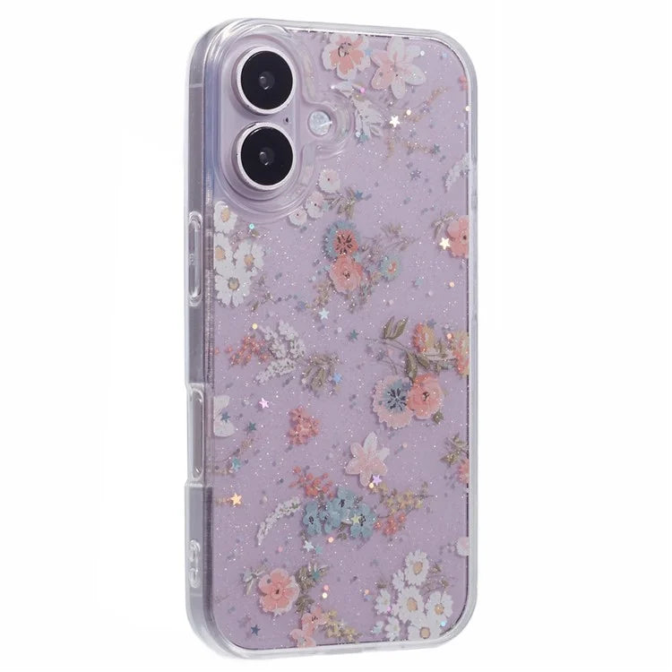 For iPhone 16 Plus Case Glitter Flower Epoxy Shockproof Phone Cover