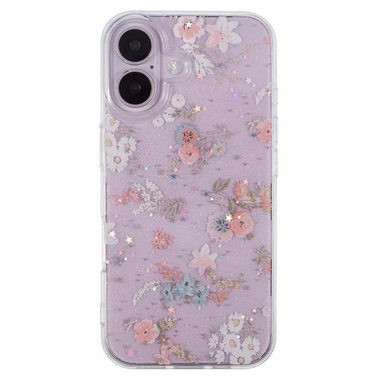 For iPhone 16 Plus Case Glitter Flower Epoxy Shockproof Phone Cover