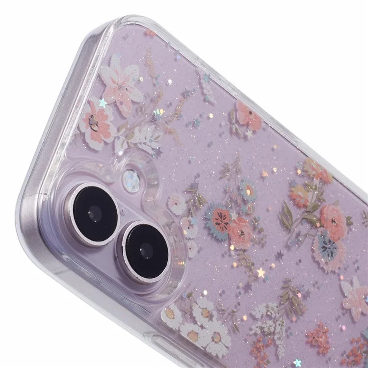 For iPhone 16 Plus Case Glitter Flower Epoxy Shockproof Phone Cover
