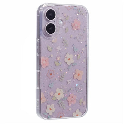 For iPhone 16 Plus Case Glitter Flower Epoxy Shockproof Phone Cover