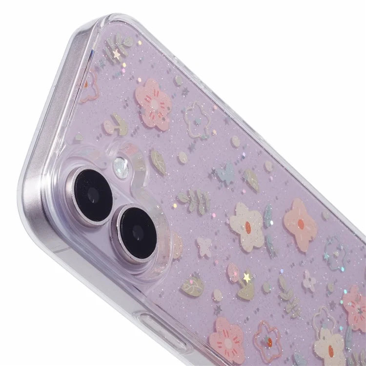 For iPhone 16 Plus Case Glitter Flower Epoxy Shockproof Phone Cover
