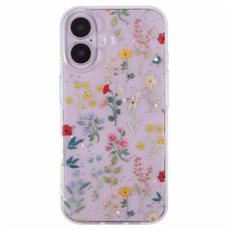 For iPhone 16 Plus Case Glitter Flower Epoxy Shockproof Phone Cover