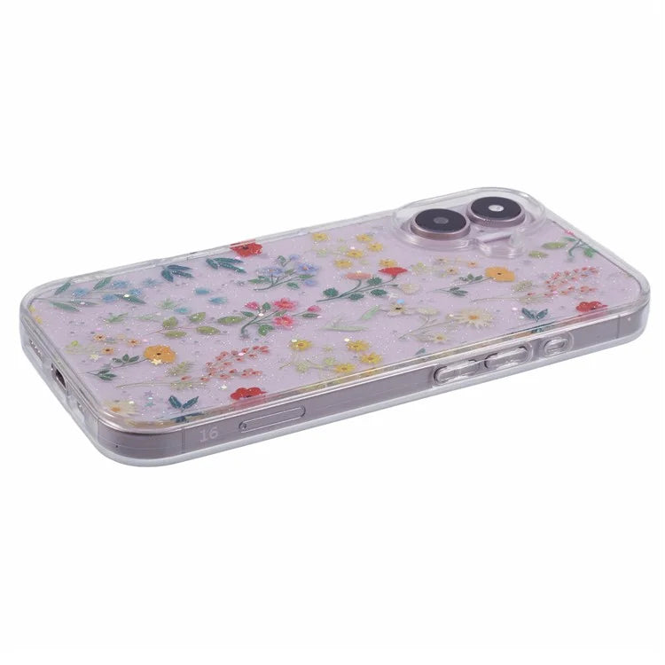 For iPhone 16 Plus Case Glitter Flower Epoxy Shockproof Phone Cover