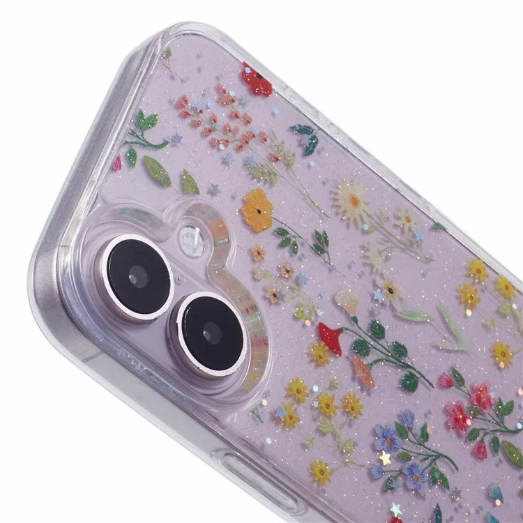 For iPhone 16 Plus Case Glitter Flower Epoxy Shockproof Phone Cover