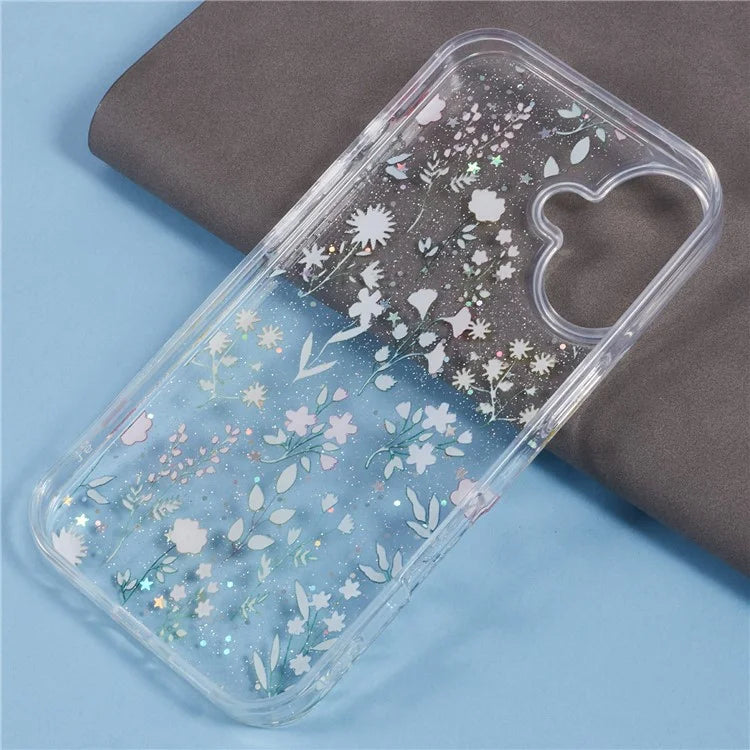 For iPhone 16 Plus Case Glitter Flower Epoxy Shockproof Phone Cover