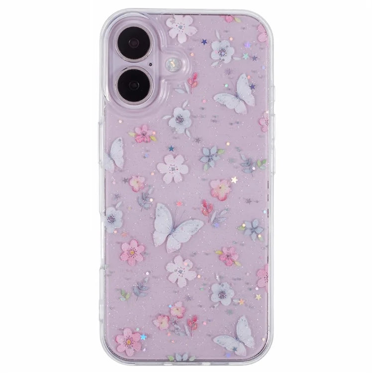 For iPhone 16 Plus Case Glitter Flower Epoxy Shockproof Phone Cover