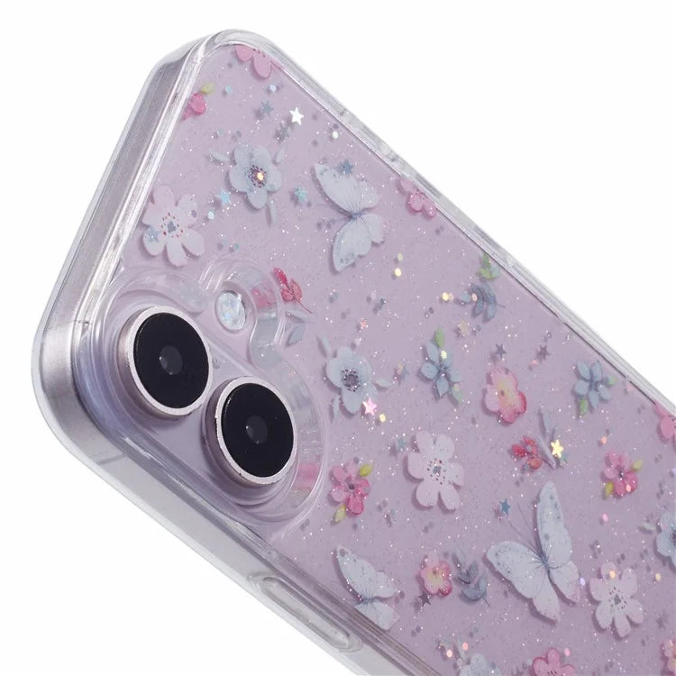 For iPhone 16 Plus Case Glitter Flower Epoxy Shockproof Phone Cover