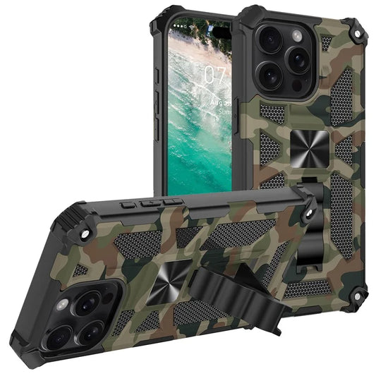 For iPhone 16 Pro Max Case Kickstand PC+TPU Camouflage Military Grade Phone Cover