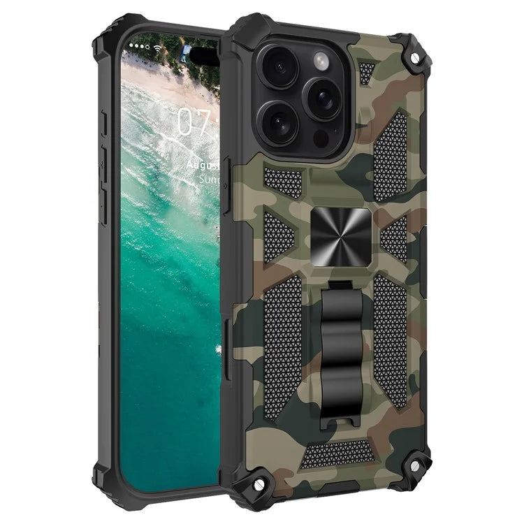 For iPhone 16 Pro Max Case Kickstand PC+TPU Camouflage Military Grade Phone Cover