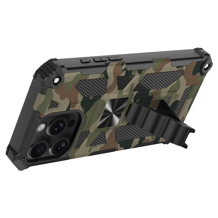 For iPhone 16 Pro Max Case Kickstand PC+TPU Camouflage Military Grade Phone Cover