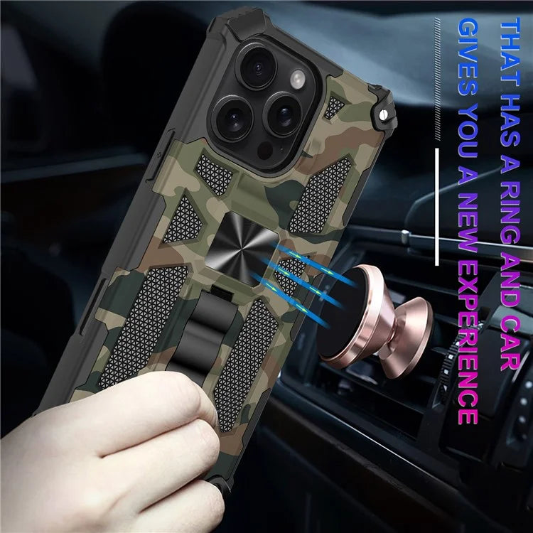 For iPhone 16 Pro Max Case Kickstand PC+TPU Camouflage Military Grade Phone Cover