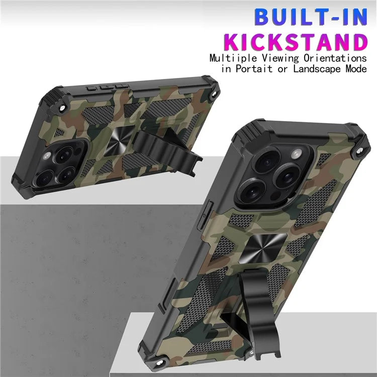 For iPhone 16 Pro Max Case Kickstand PC+TPU Camouflage Military Grade Phone Cover