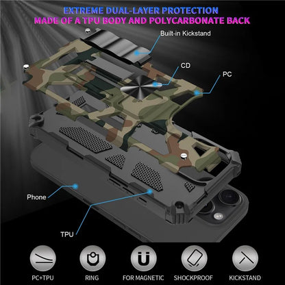 For iPhone 16 Pro Max Case Kickstand PC+TPU Camouflage Military Grade Phone Cover