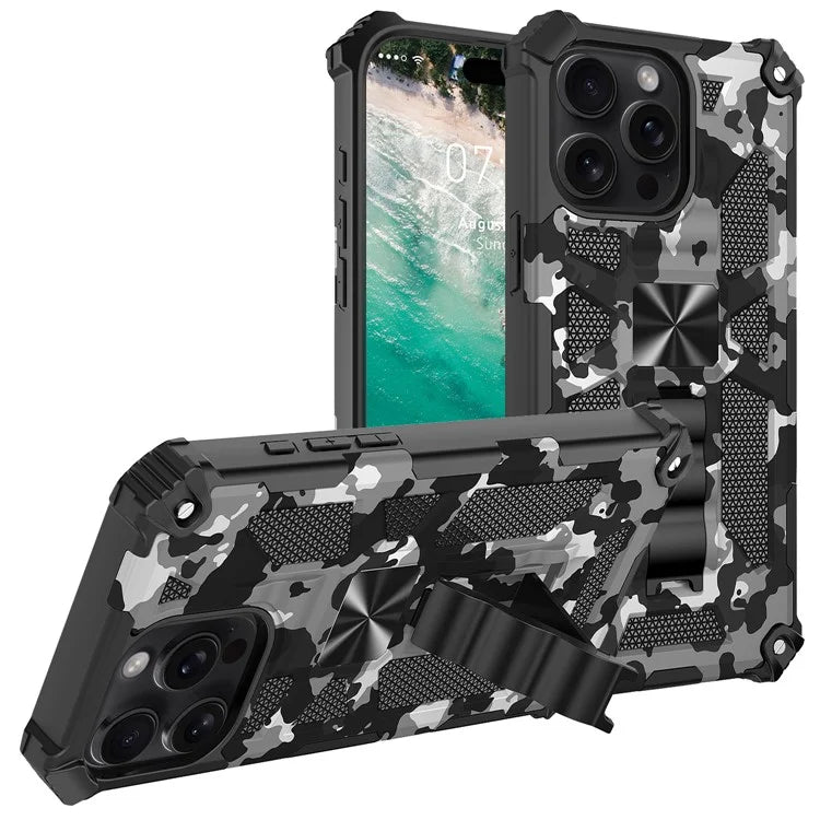 For iPhone 16 Pro Max Case Kickstand PC+TPU Camouflage Military Grade Phone Cover