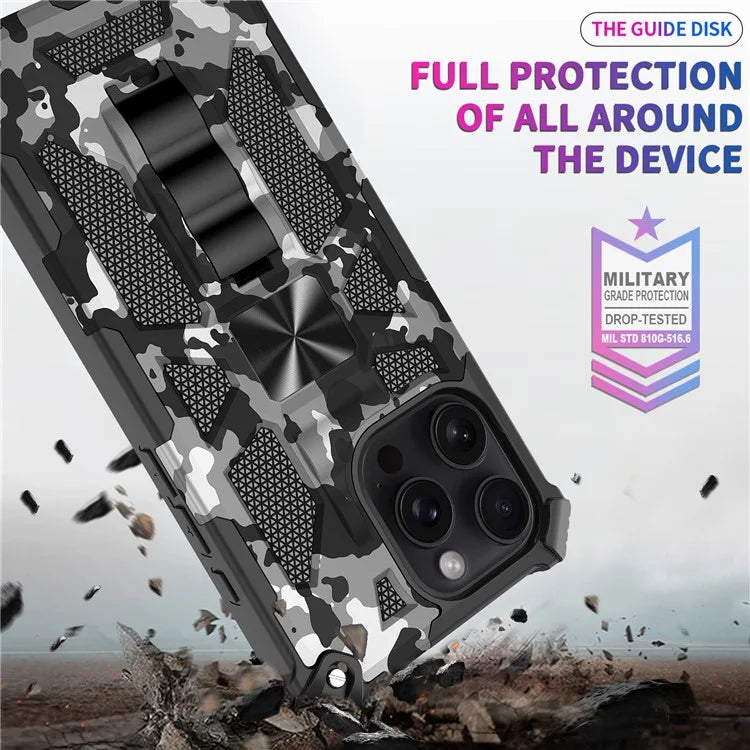 For iPhone 16 Pro Max Case Kickstand PC+TPU Camouflage Military Grade Phone Cover