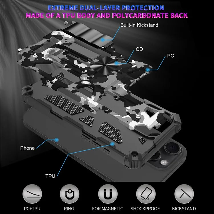 For iPhone 16 Pro Max Case Kickstand PC+TPU Camouflage Military Grade Phone Cover