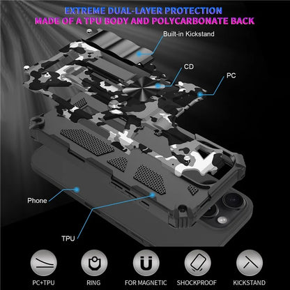 For iPhone 16 Pro Max Case Kickstand PC+TPU Camouflage Military Grade Phone Cover